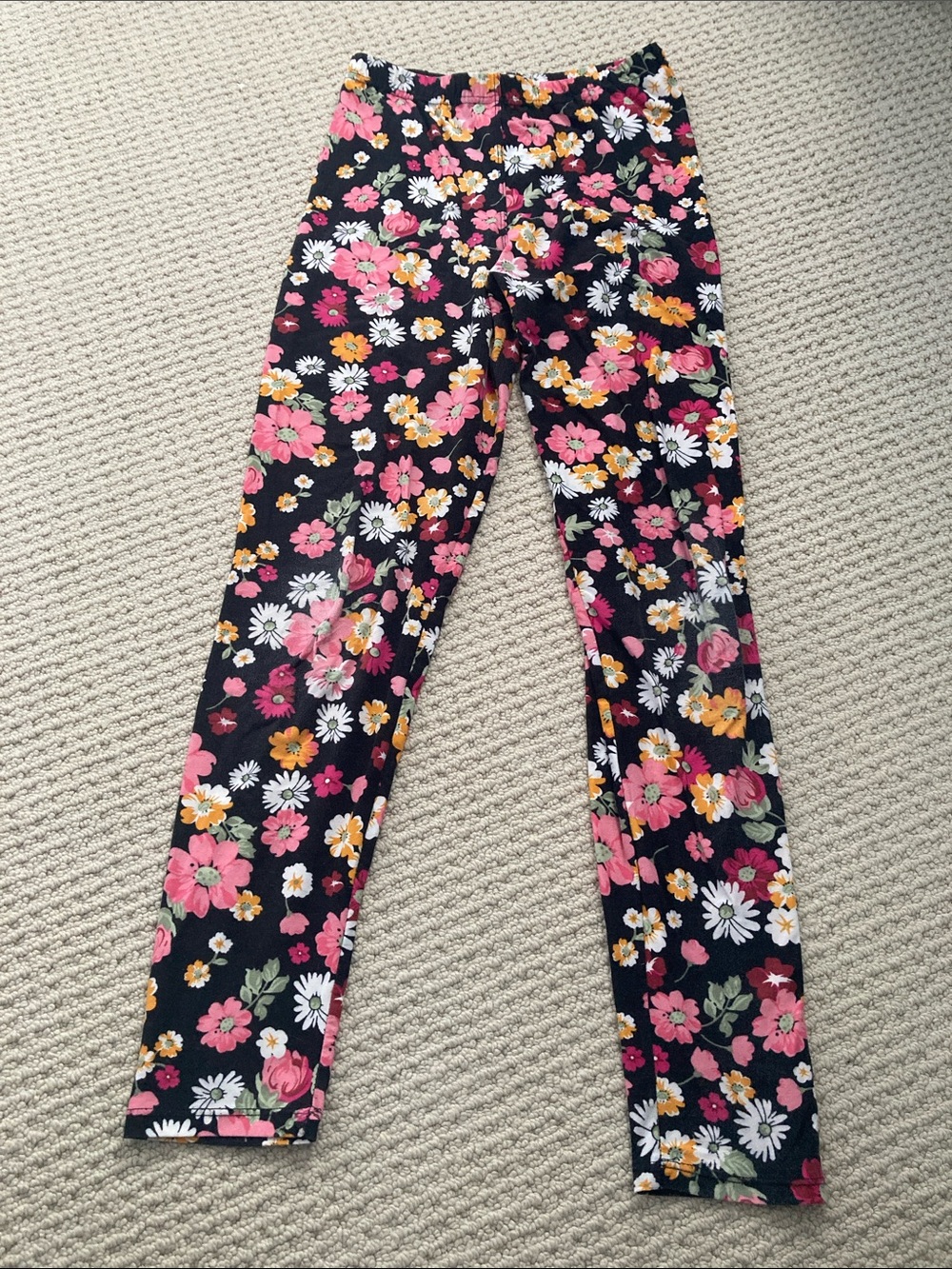 Black Floral Leggings with Pink, White & Yellow Flowers